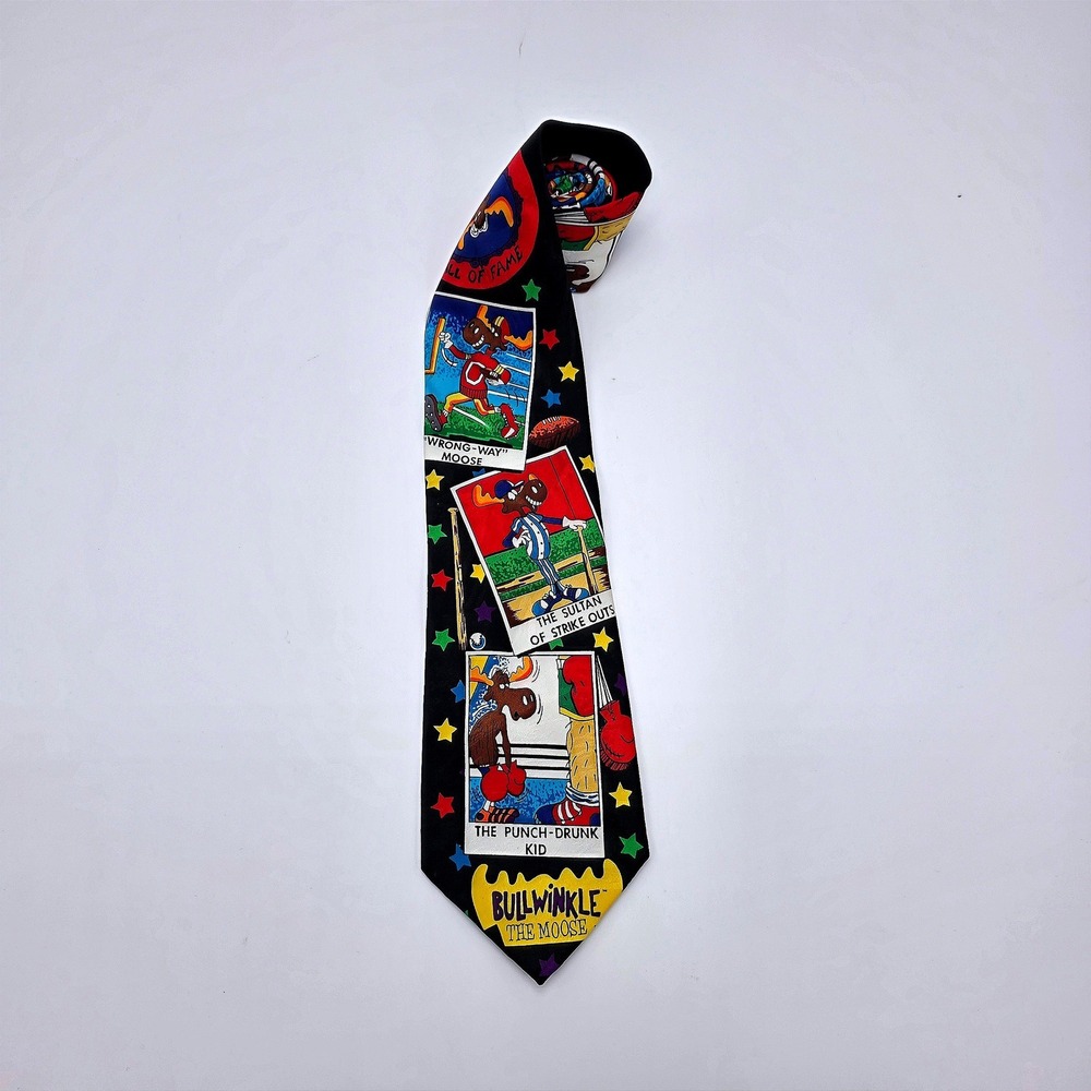 Vintage 1993 Bolero Bullwinkle the Moose Sports Novelty Tie Black Cartoon Print